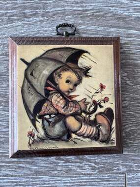 Vintage Hummel Rainy Day Wood Wall Hanging Plaque